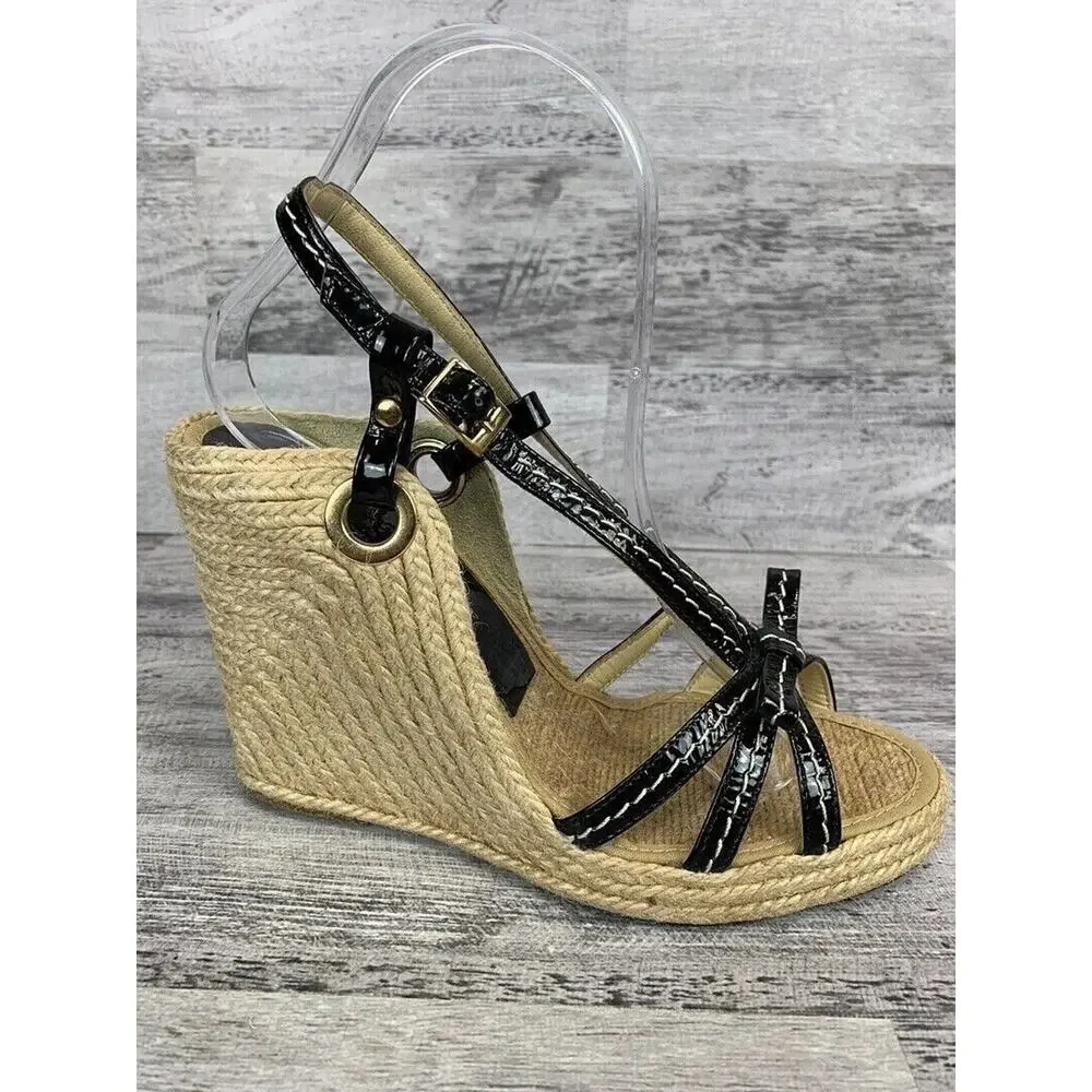 Midas Womens Size 6M Black Patent Leather Strap Espadrille Wedge Sandals